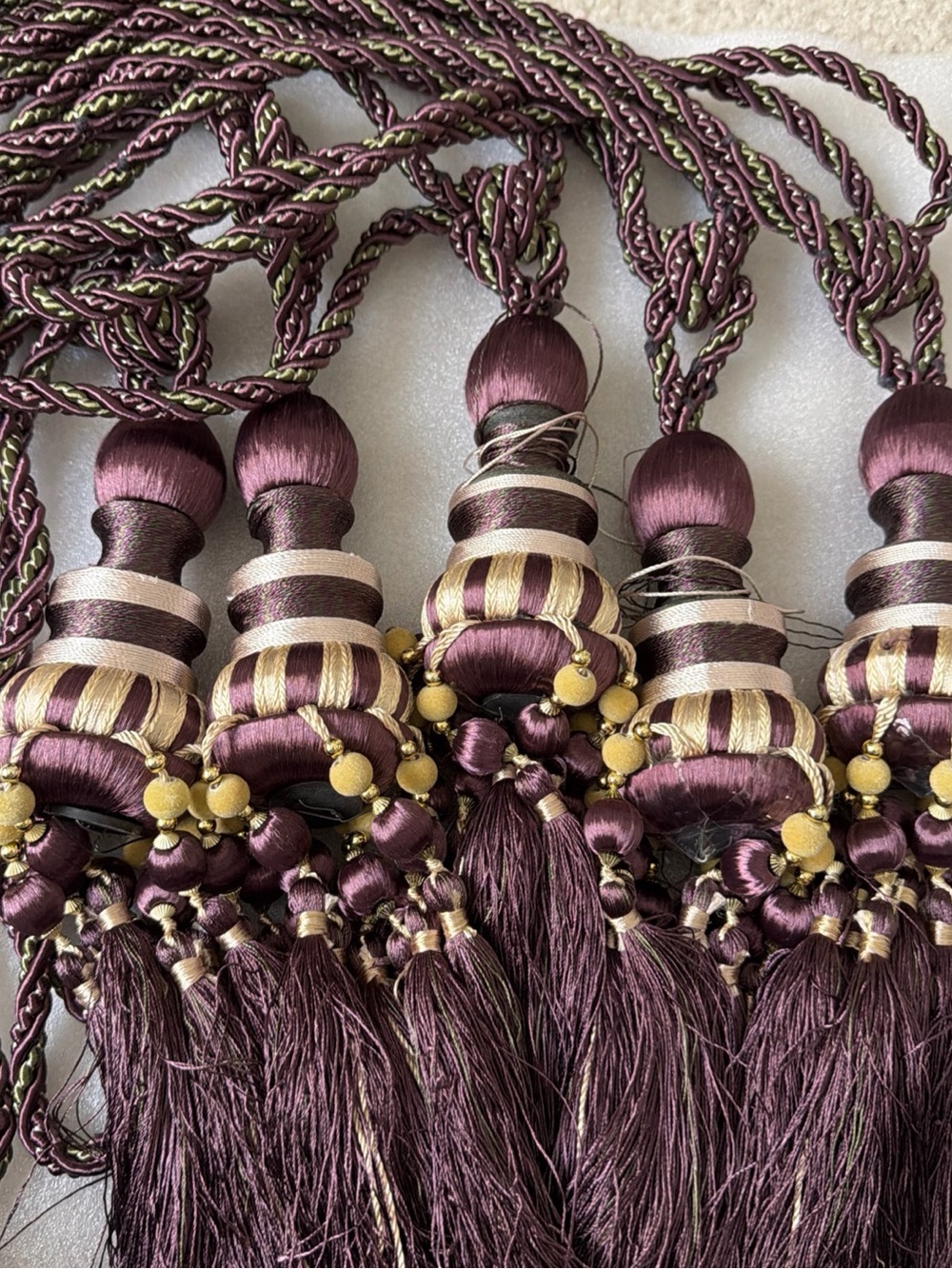 Decorative Curtain Tiebacks in Deep Plum and Gold